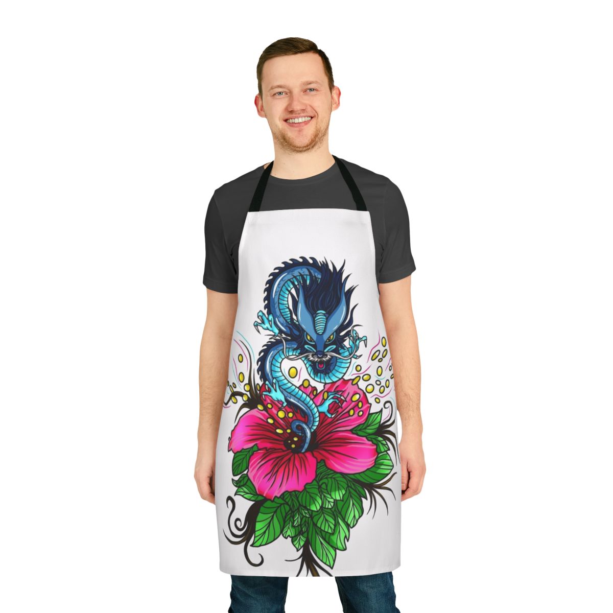A high-quality apron featuring a dragon and hibiscus flower design in a fantasy, anime-inspired style.