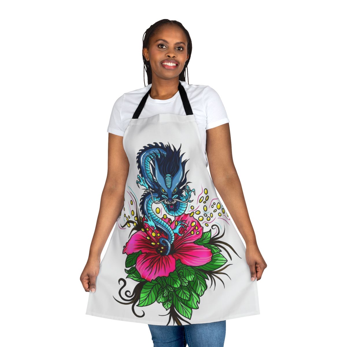 A high-quality apron featuring a dragon and hibiscus flower design in a fantasy, anime-inspired style.