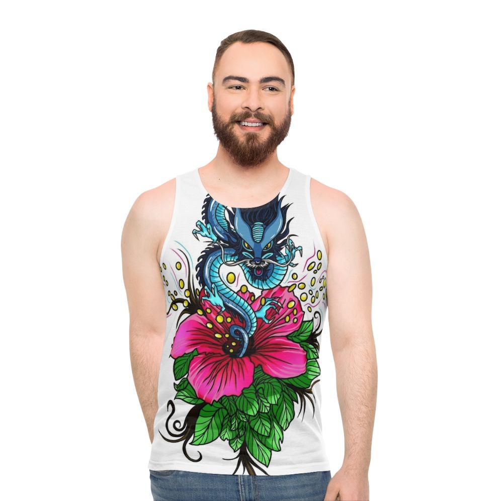Unisex tank top featuring a dragon with hibiscus flowers