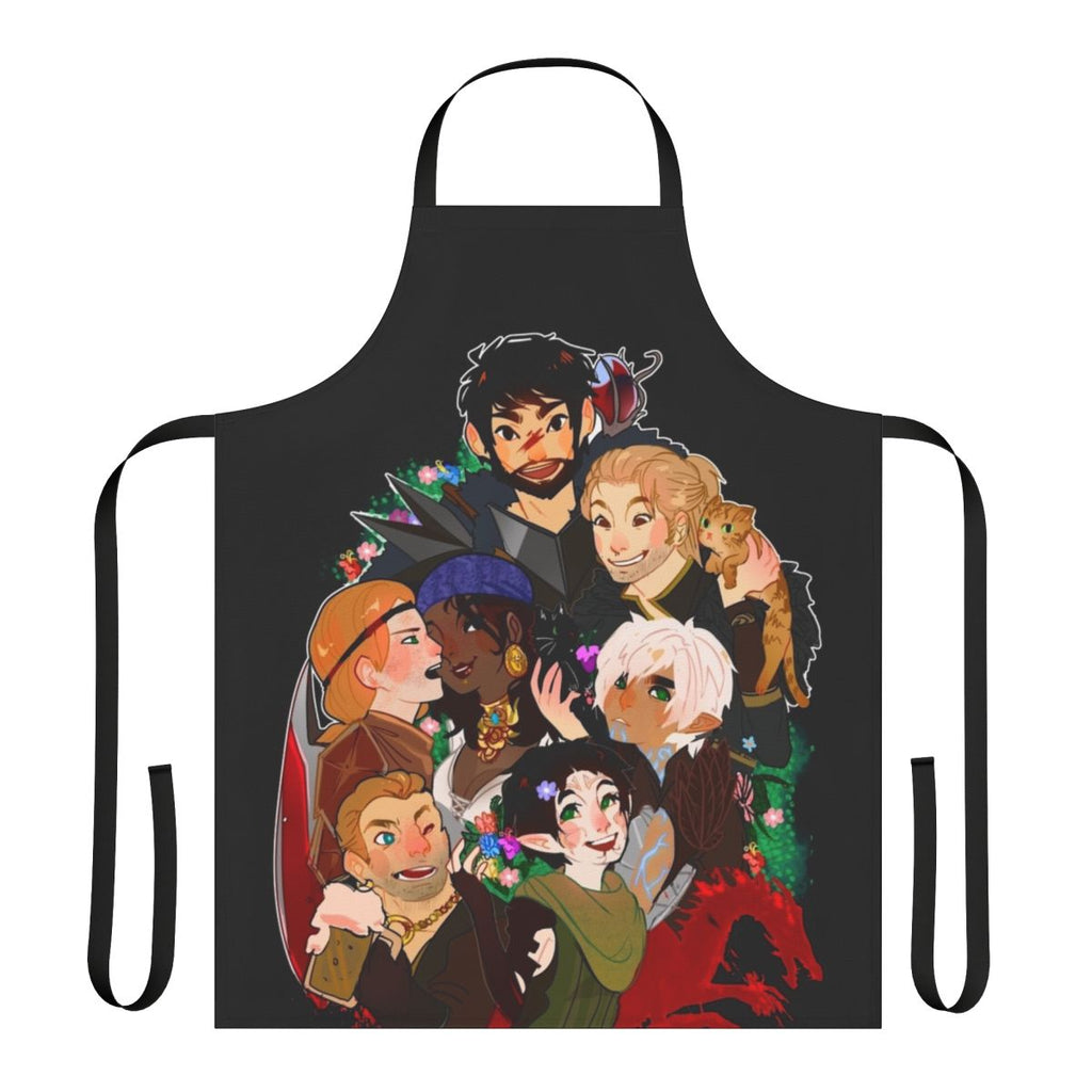 Dragonn-inspired fantasy video game themed apron featuring characters and imagery from the Dragon Age series