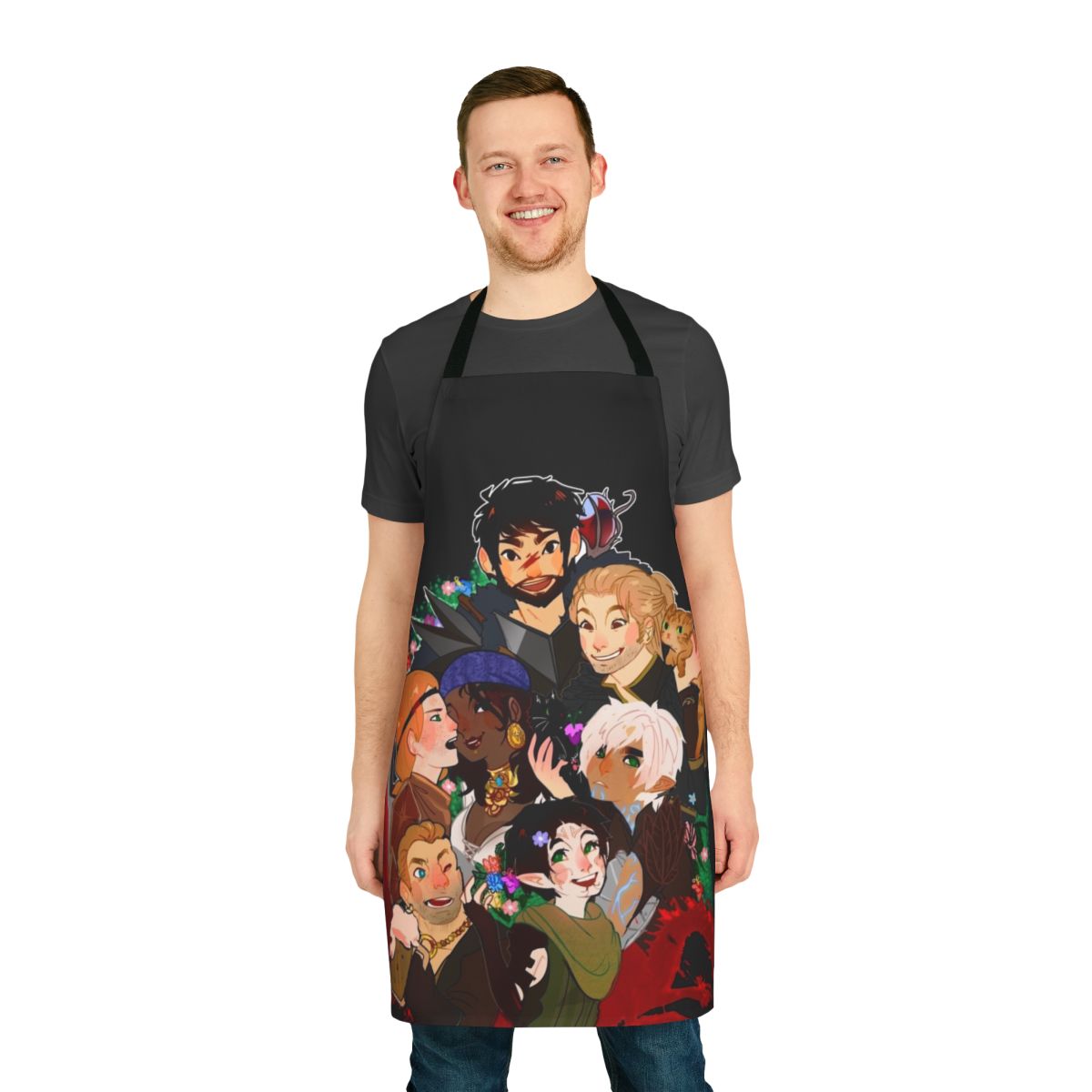 Dragonn-inspired fantasy video game themed apron featuring characters and imagery from the Dragon Age series