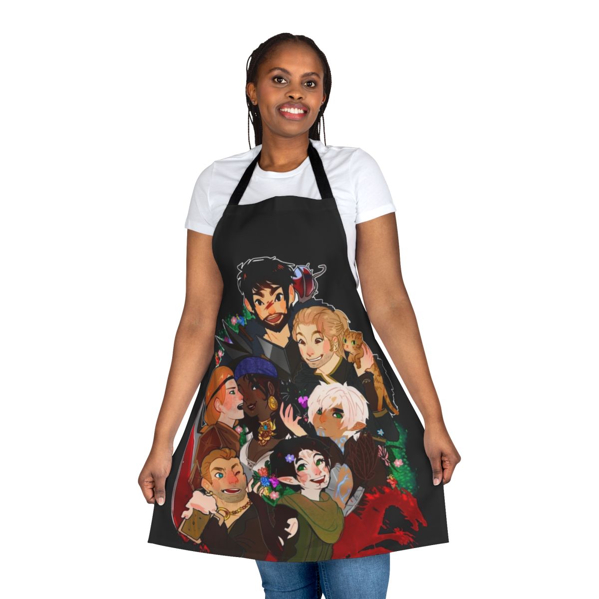 Dragonn-inspired fantasy video game themed apron featuring characters and imagery from the Dragon Age series