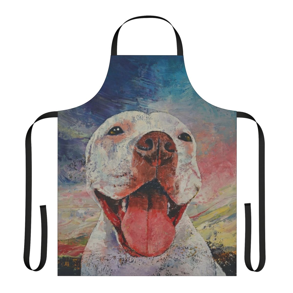 A high-quality apron featuring a dramatic image of a pit bull with its tongue out against a cloudy sky background.
