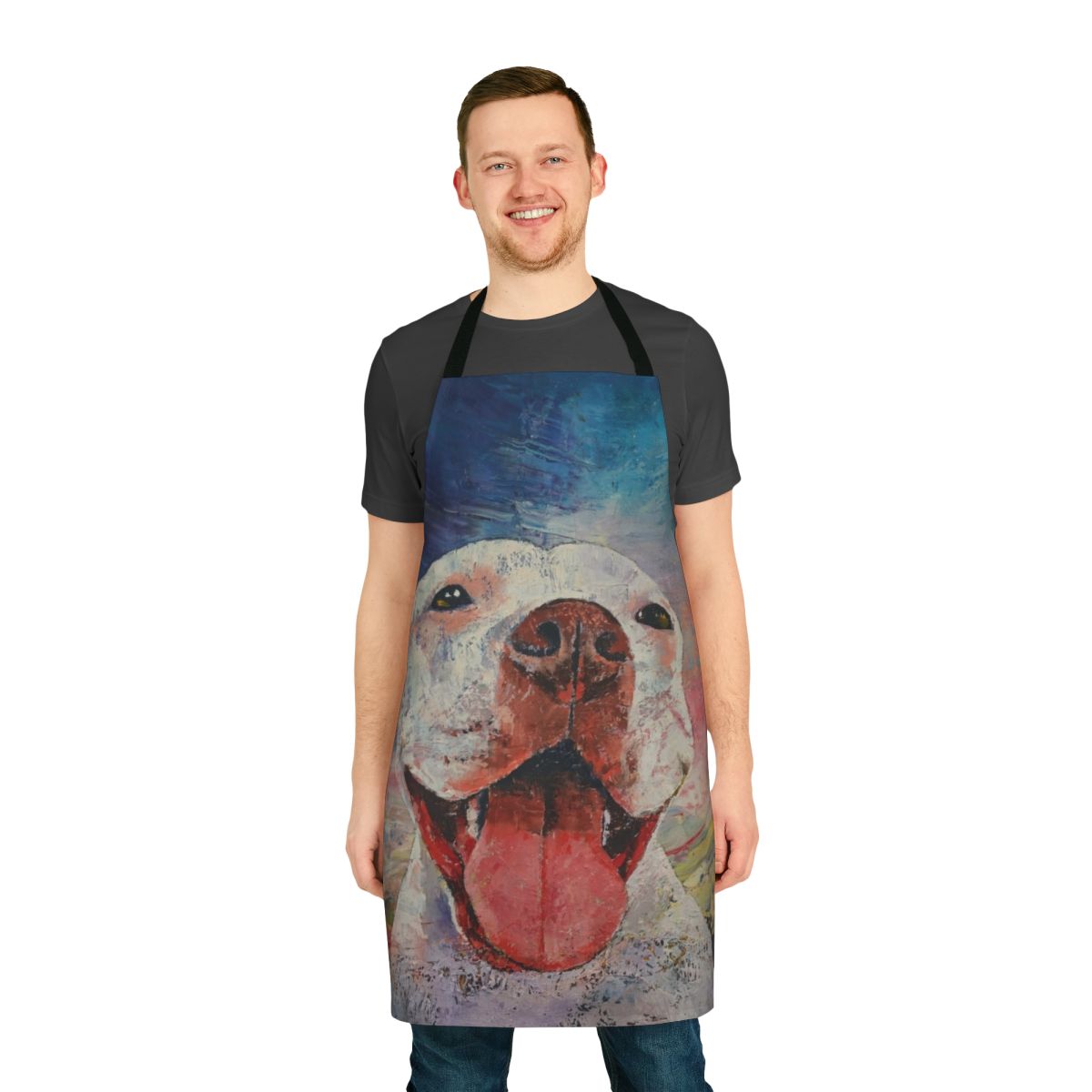 A high-quality apron featuring a dramatic image of a pit bull with its tongue out against a cloudy sky background.