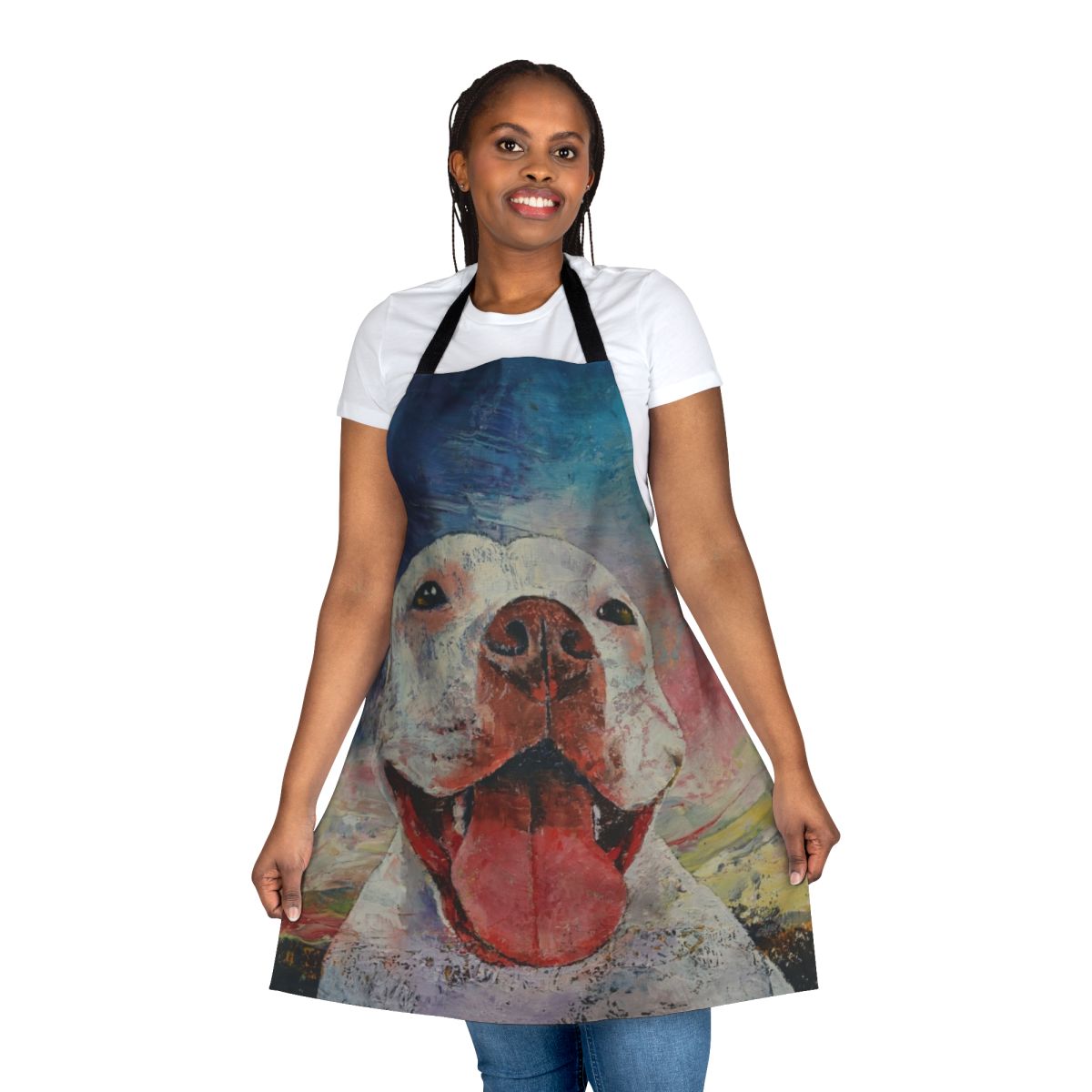 A high-quality apron featuring a dramatic image of a pit bull with its tongue out against a cloudy sky background.