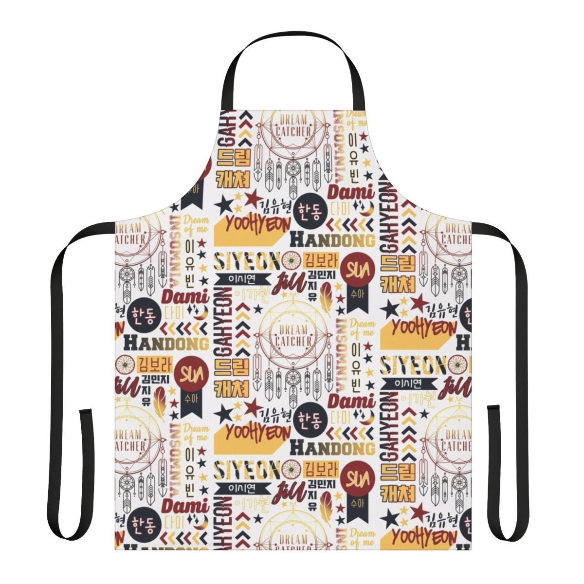 Dreamcatcher-inspired collage design apron featuring the members of the popular Korean girl group