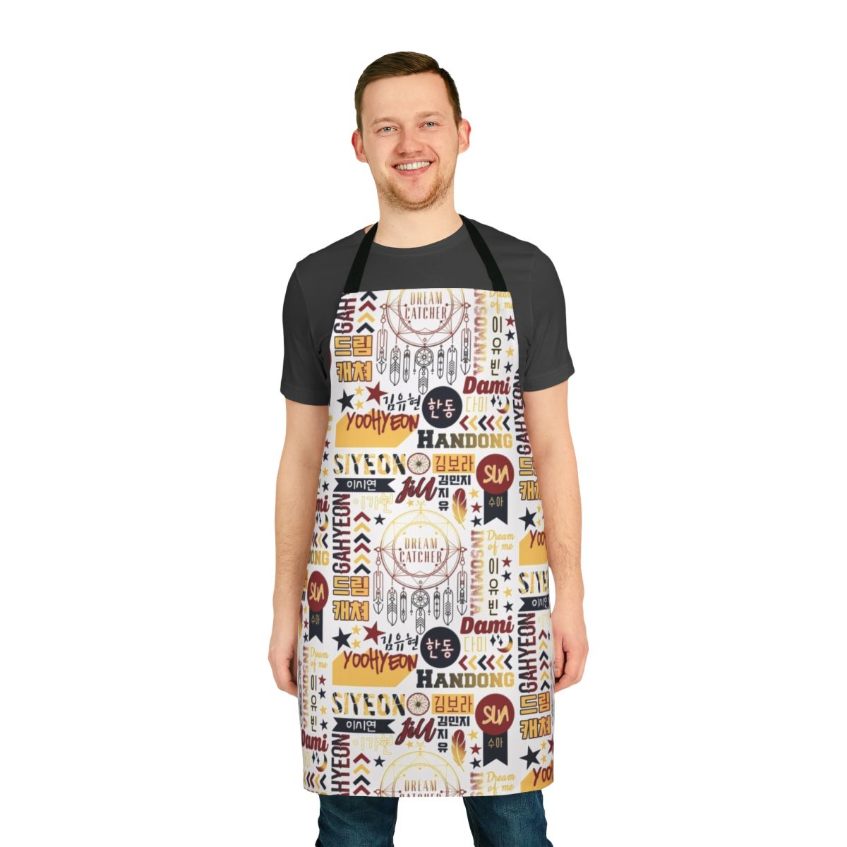 Dreamcatcher-inspired collage design apron featuring the members of the popular Korean girl group