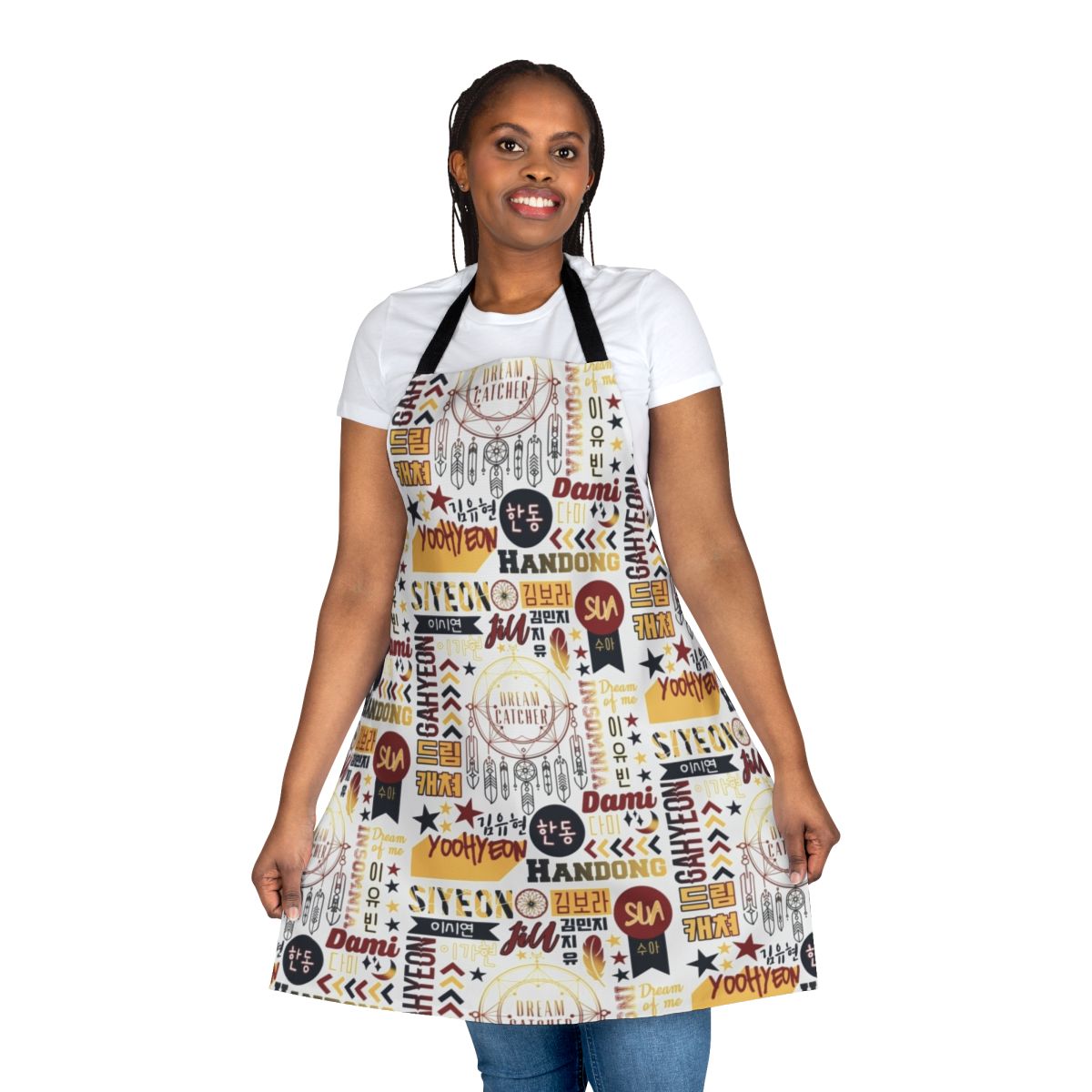 Dreamcatcher-inspired collage design apron featuring the members of the popular Korean girl group