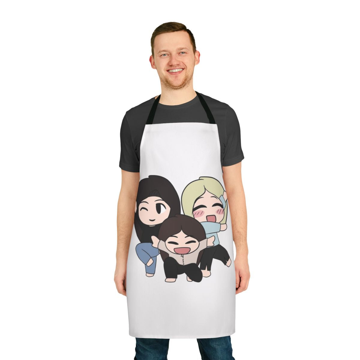 Dreamcatcher-themed apron featuring the members in a chibi style