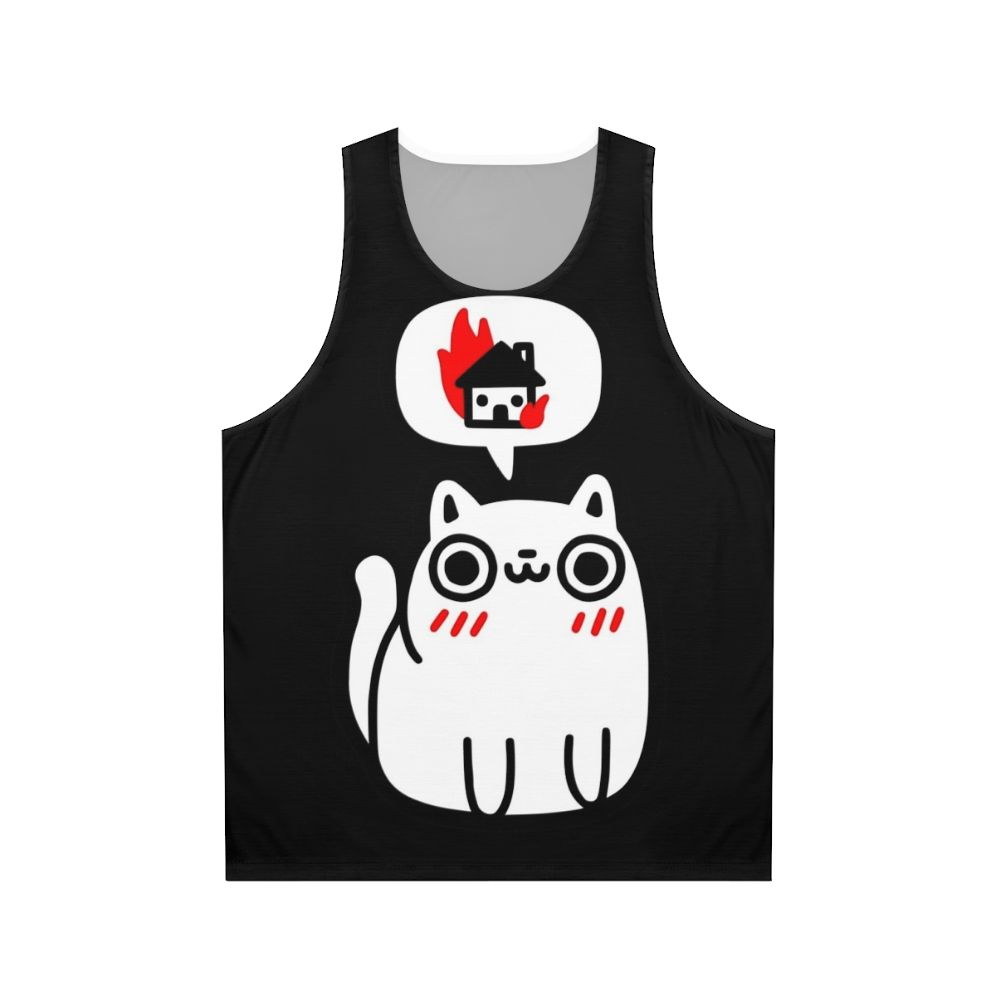 Unisex tank top with evil cat graphics destroying things