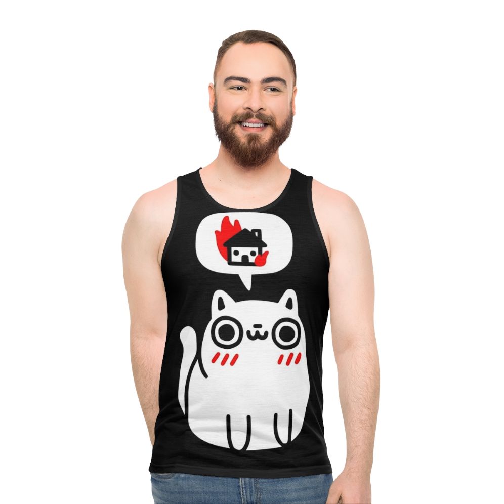 Unisex tank top with evil cat graphics destroying things