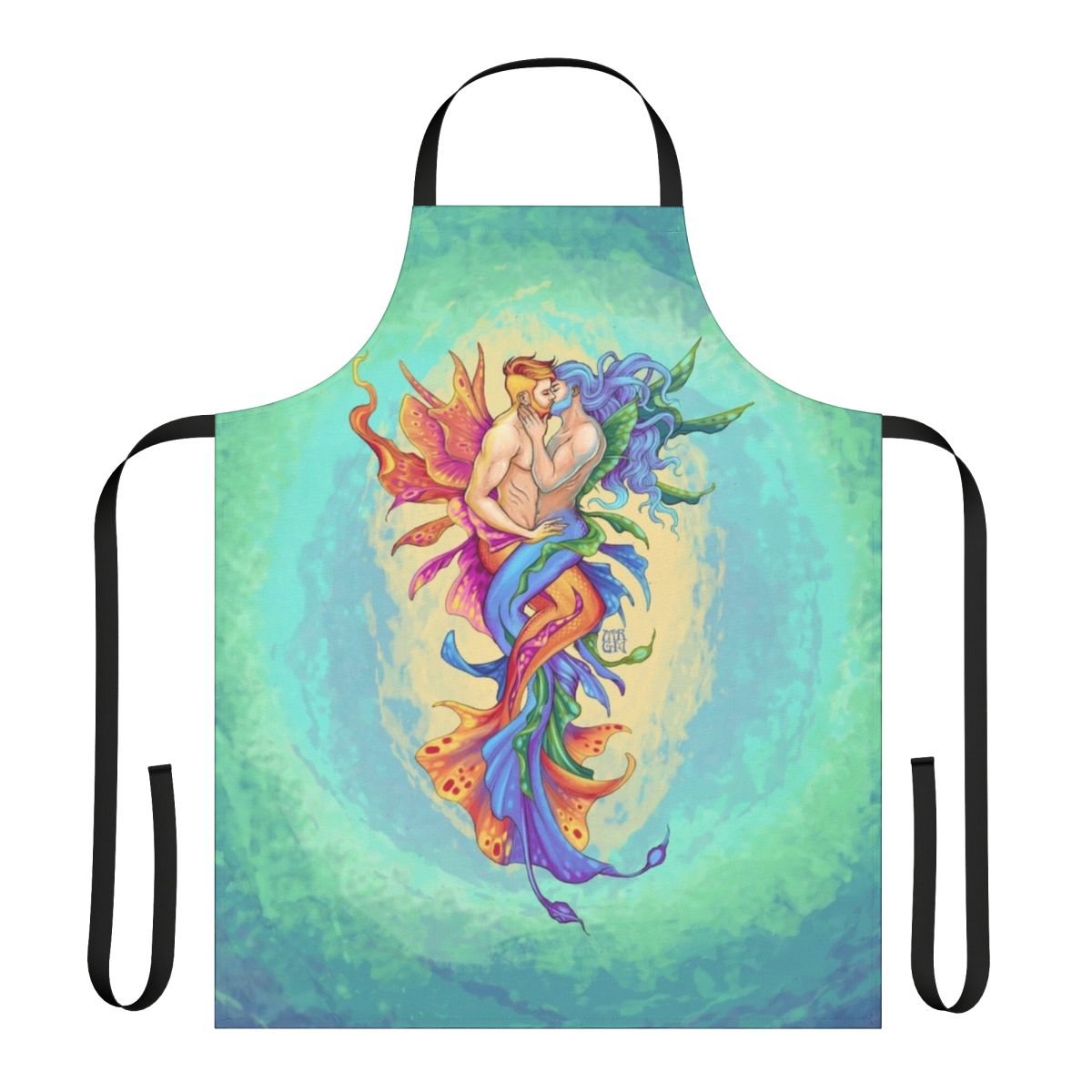 Illustration of two mermen embracing in an underwater kiss, with the text "Underwater Kiss Apron" overlaid.