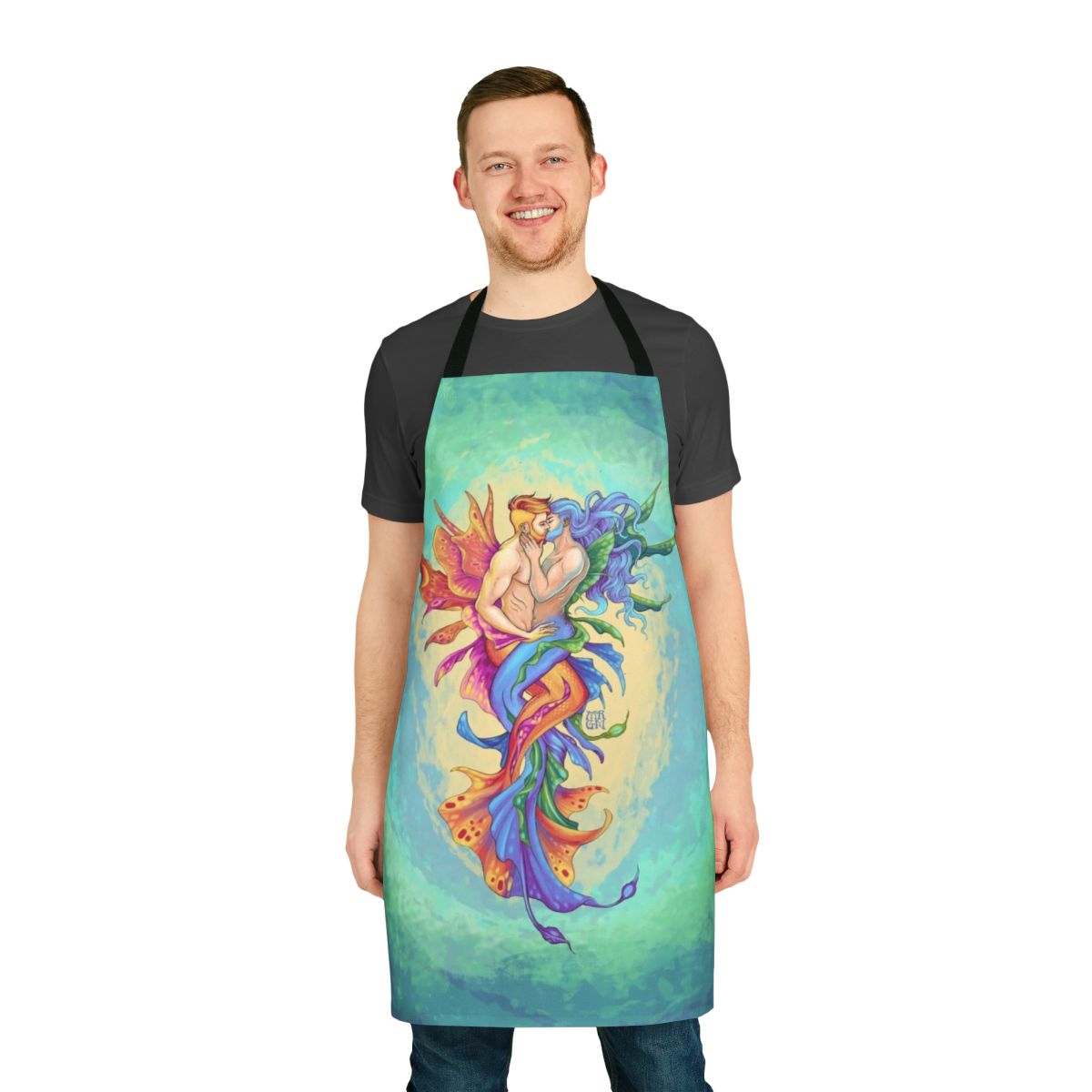 Illustration of two mermen embracing in an underwater kiss, with the text "Underwater Kiss Apron" overlaid.