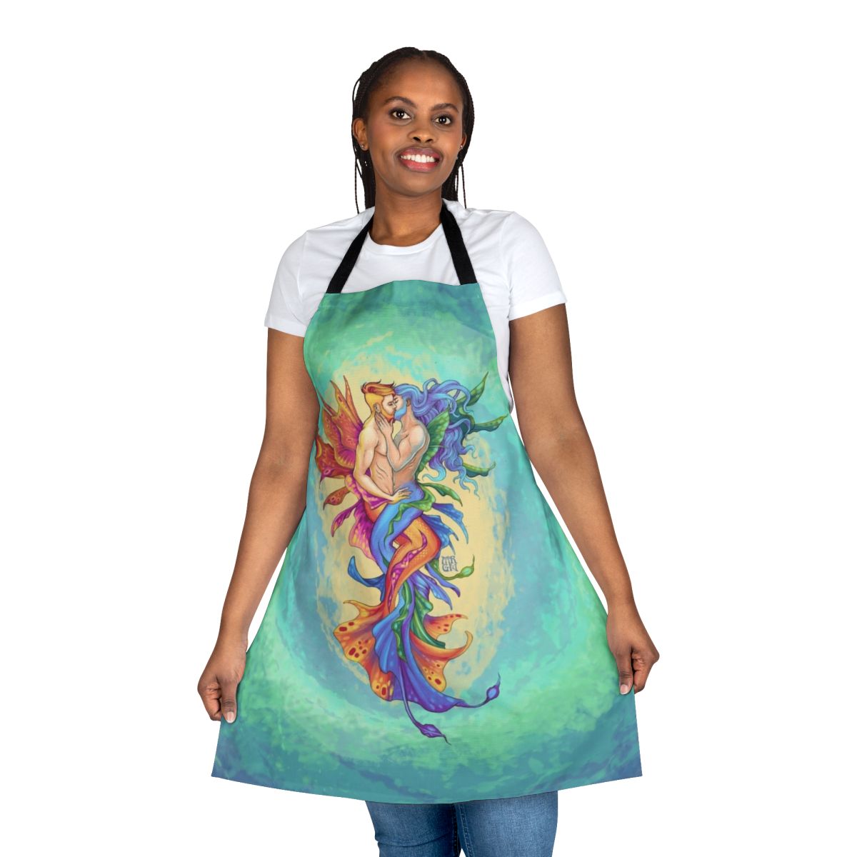Illustration of two mermen embracing in an underwater kiss, with the text "Underwater Kiss Apron" overlaid.