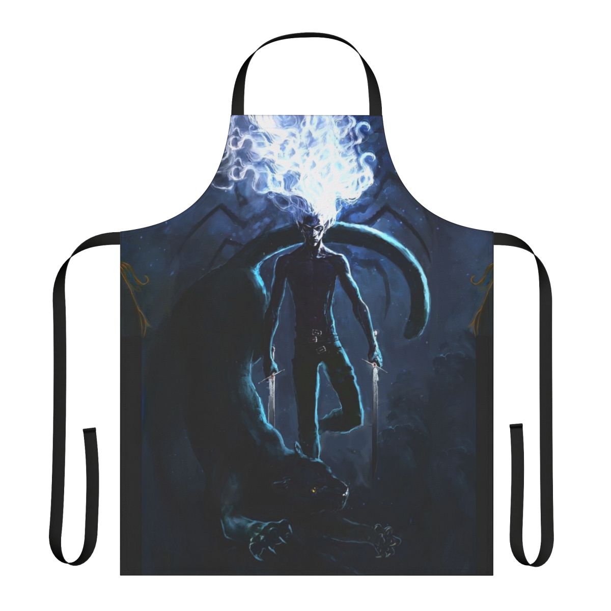 Drizzt Do'Urden inspired fantasy apron featuring the iconic dark elf ranger and his feline companion Guenhwyvar