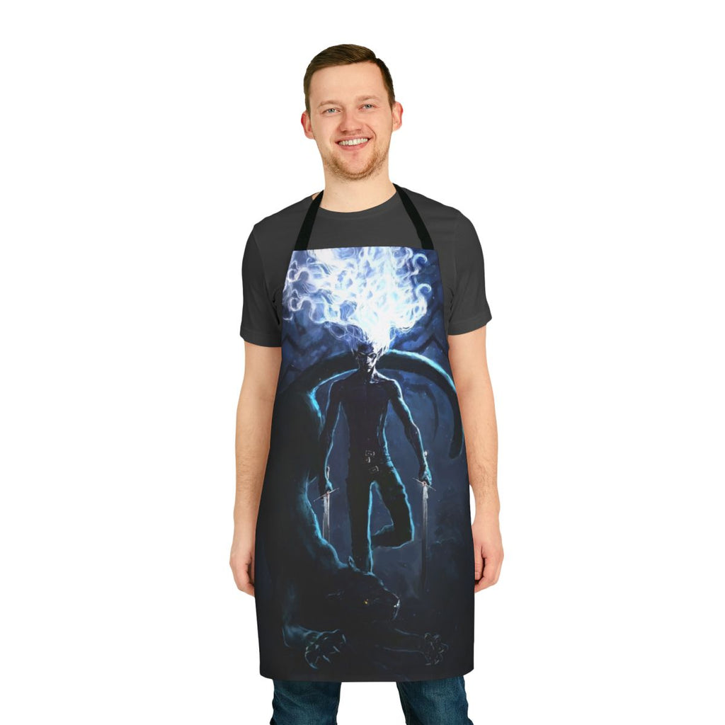Drizzt Do'Urden inspired fantasy apron featuring the iconic dark elf ranger and his feline companion Guenhwyvar