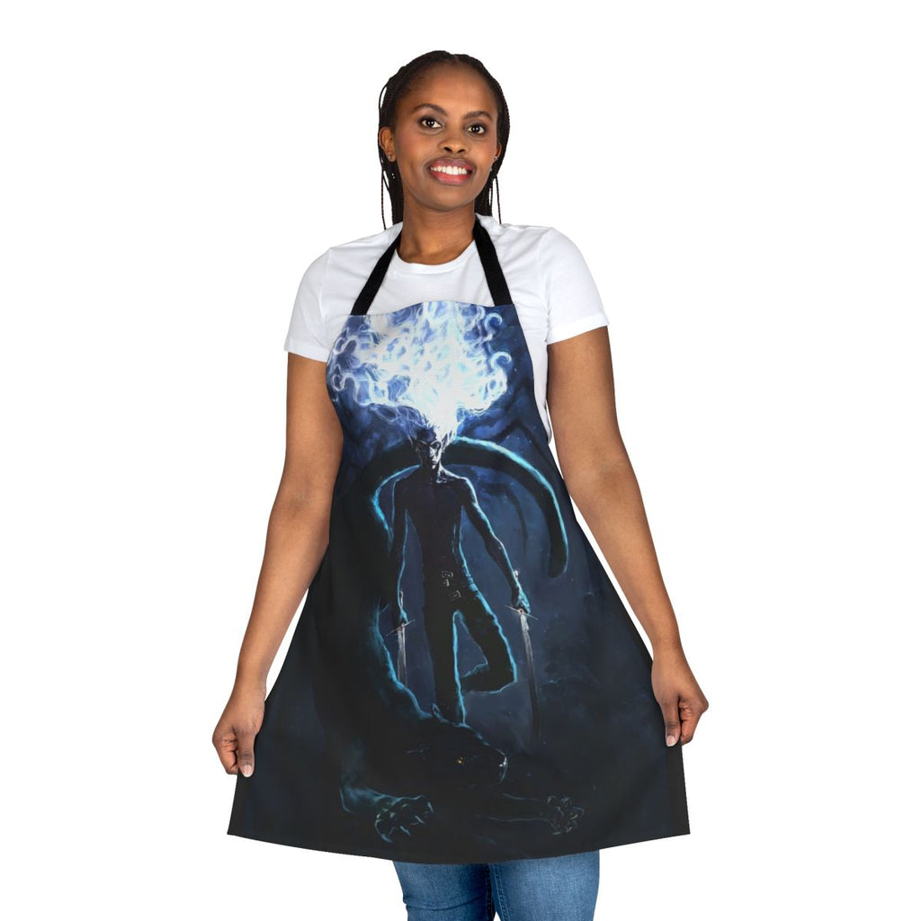 Drizzt Do'Urden inspired fantasy apron featuring the iconic dark elf ranger and his feline companion Guenhwyvar