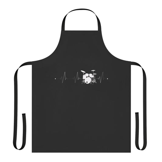 An apron with a graphic design featuring a drumbeat and the text "Drums Heartbeat Music Drummer".