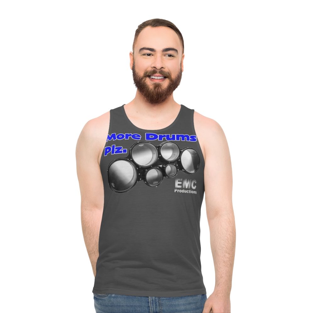 Unisex tank top with "More Drums Please" design