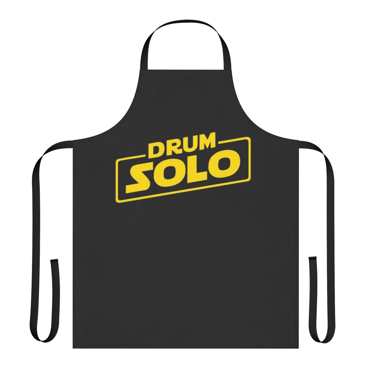 A black apron with a graphic design featuring drumsticks and the text "Drum Solo"