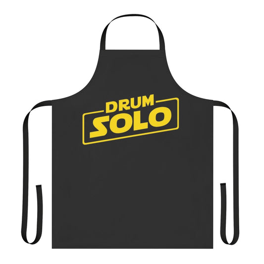 A black apron with a graphic design featuring drumsticks and the text "Drum Solo"