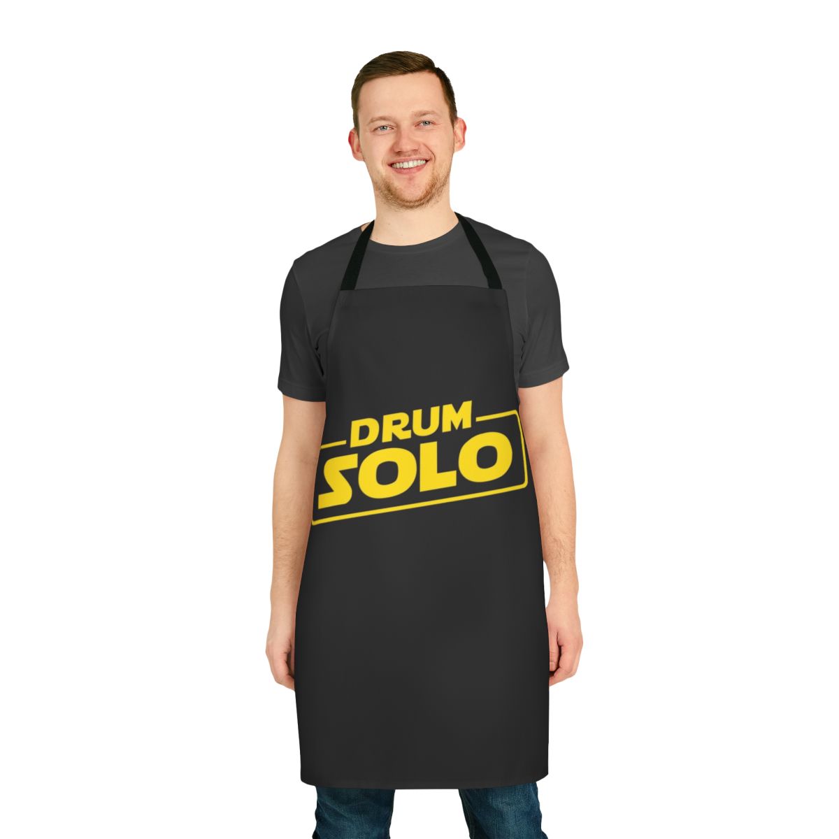 A black apron with a graphic design featuring drumsticks and the text "Drum Solo"