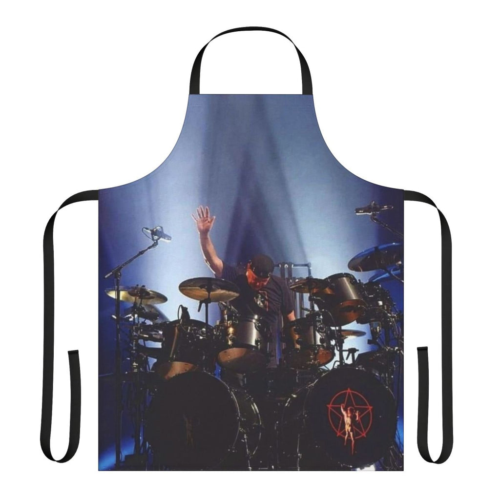 Stylish kitchen apron with a design inspired by legendary drummer Neil Peart of the rock band Rush.