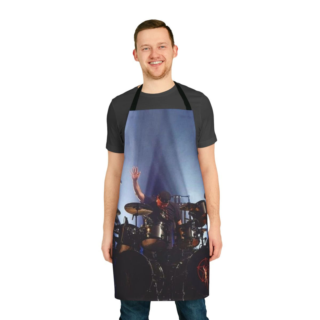 Stylish kitchen apron with a design inspired by legendary drummer Neil Peart of the rock band Rush.
