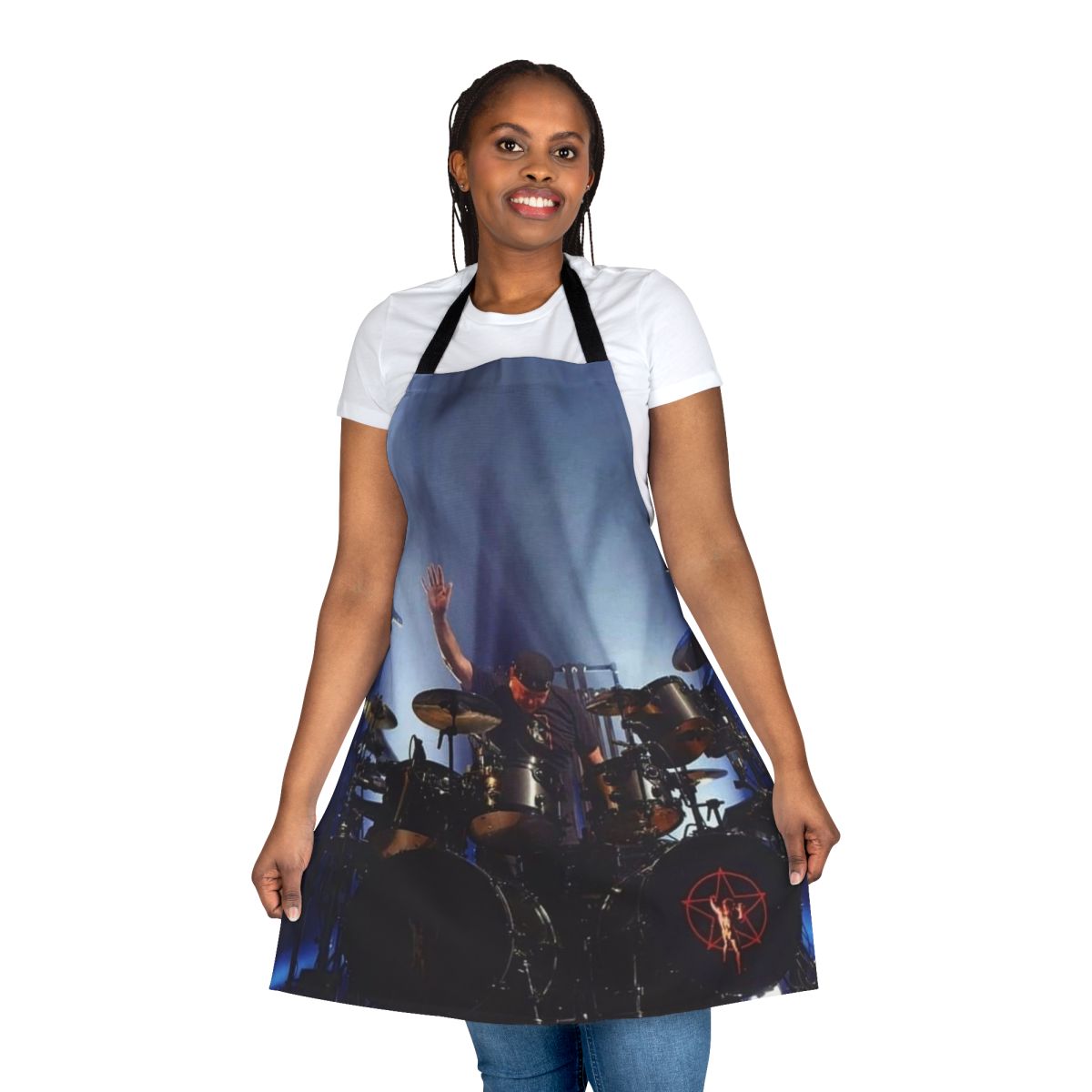 Stylish kitchen apron with a design inspired by legendary drummer Neil Peart of the rock band Rush.