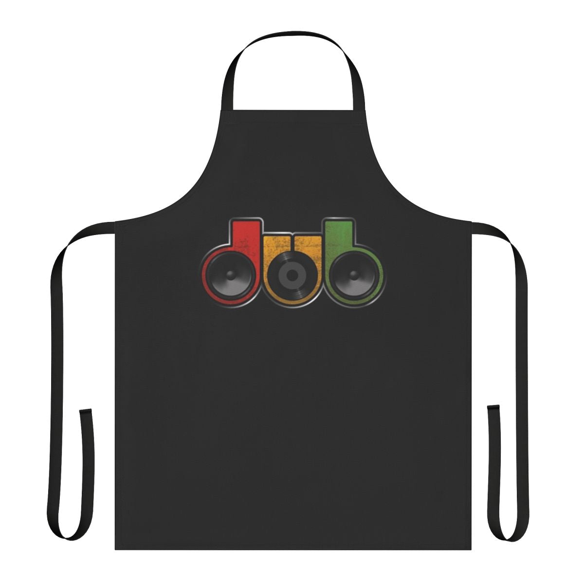 Dub-inspired reggae music apron with vinyl, speaker, and sound system graphics