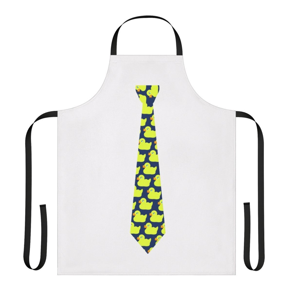 A white apron with a ducky tie design, inspired by the popular TV show How I Met Your Mother.