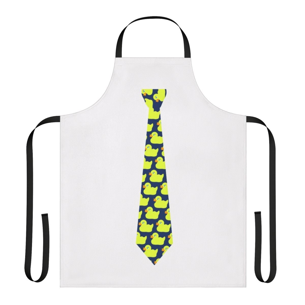 A white apron with a ducky tie design, inspired by the popular TV show How I Met Your Mother.