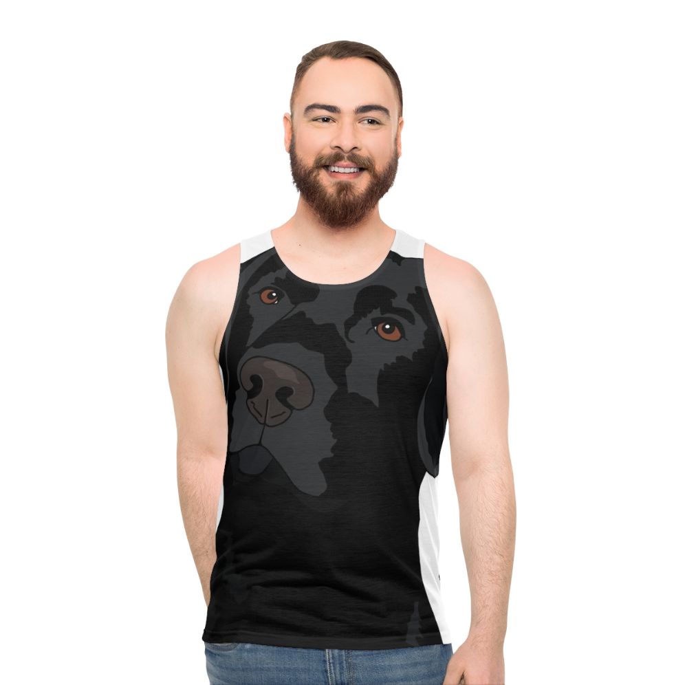 Duke the friendly black labrador retriever on a unisex tank top