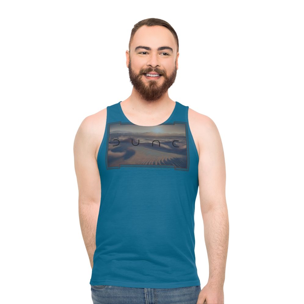 Dune-themed unisex tank top with desert and twin moons design