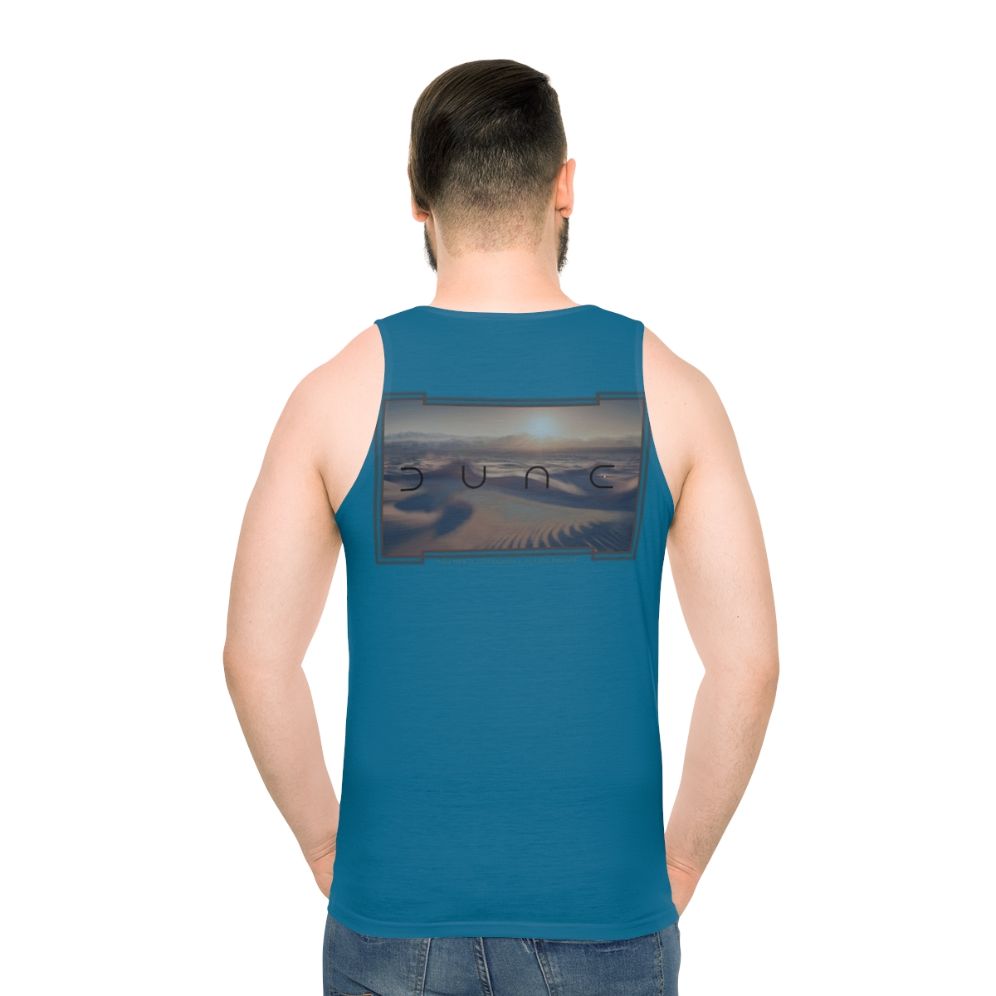 Dune-themed unisex tank top with desert and twin moons design