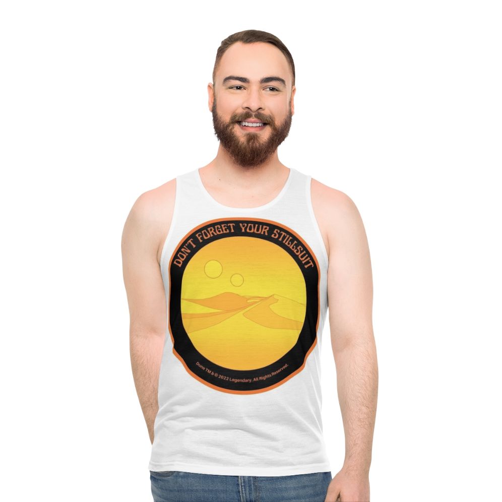 Dune Arrakis unisex tank top with "Don't Forget Your Stillsuit" design