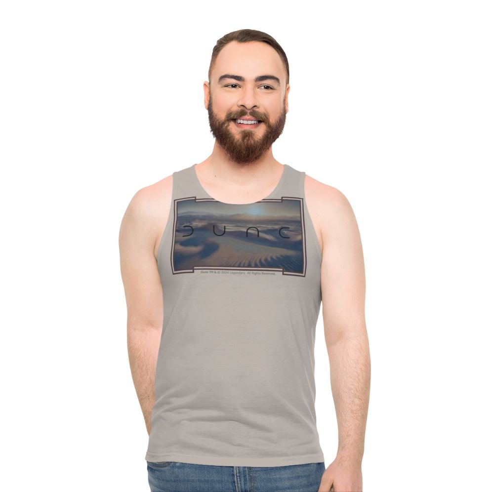 Dune-inspired unisex tank top with a greyish beige background