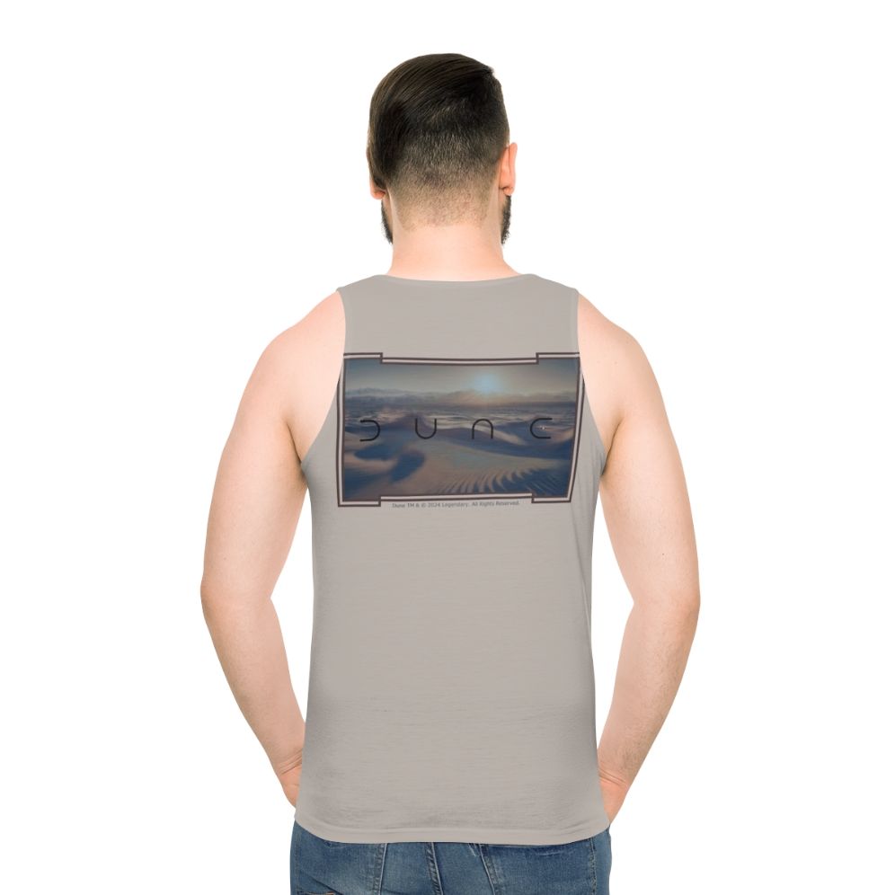 Dune-inspired unisex tank top with a greyish beige background