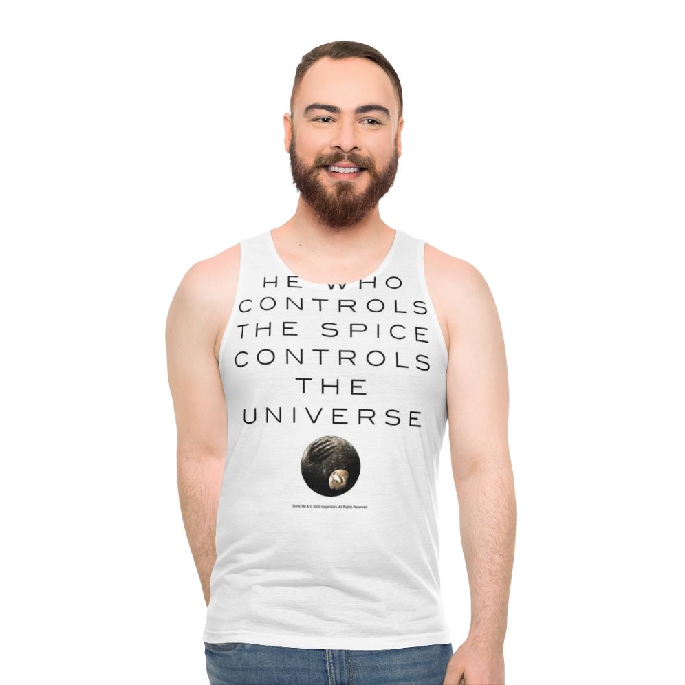 Dune inspired unisex tank top with "He Who Controls The Universe" design