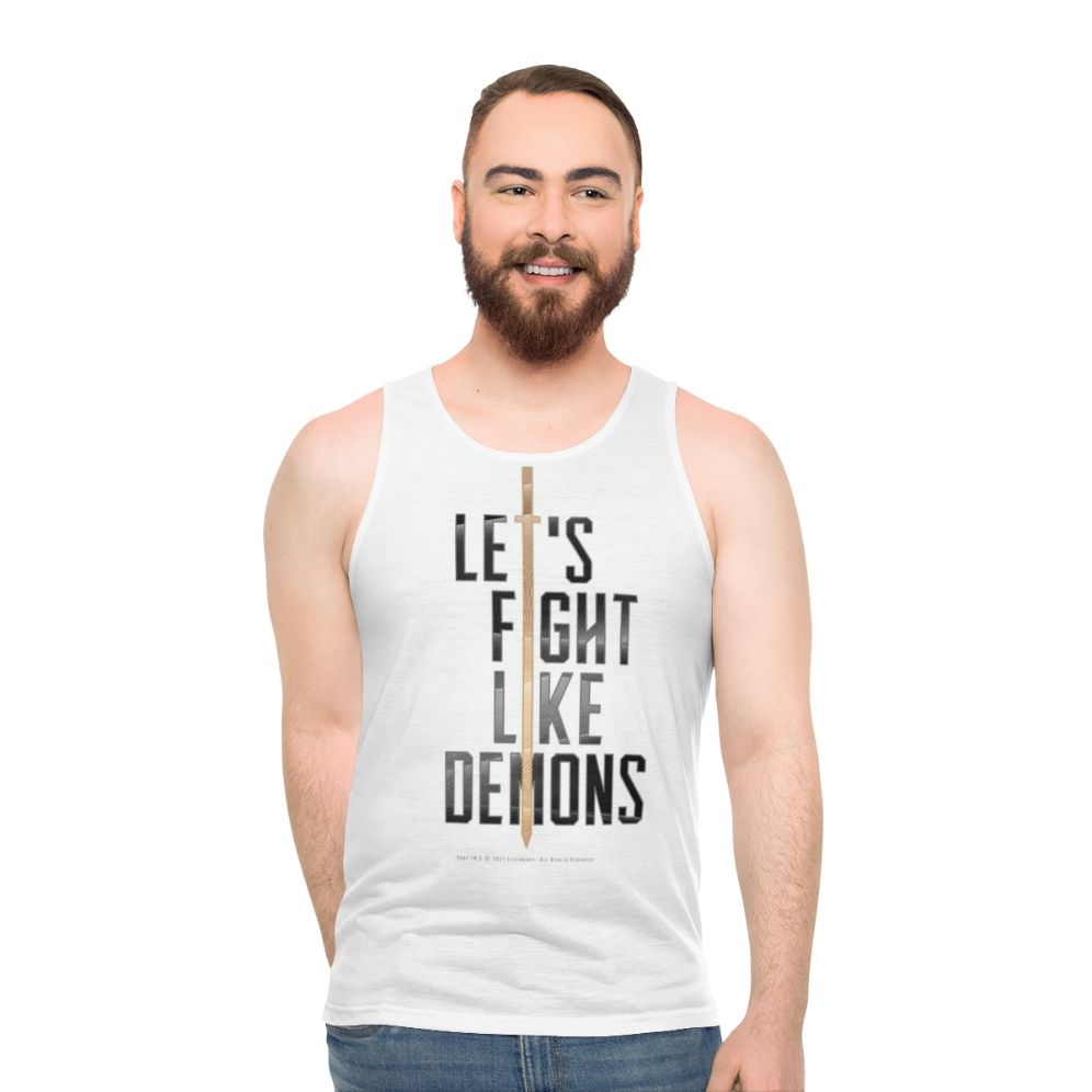 Dune inspired unisex tank top with demons fighting design
