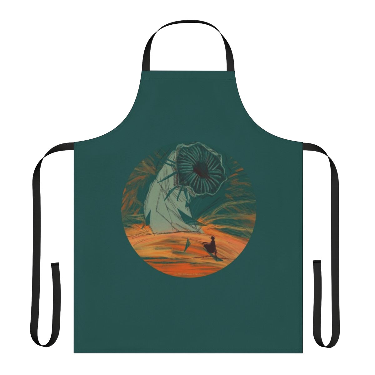 Dune-inspired apron featuring a sandworm design on a desert-themed background