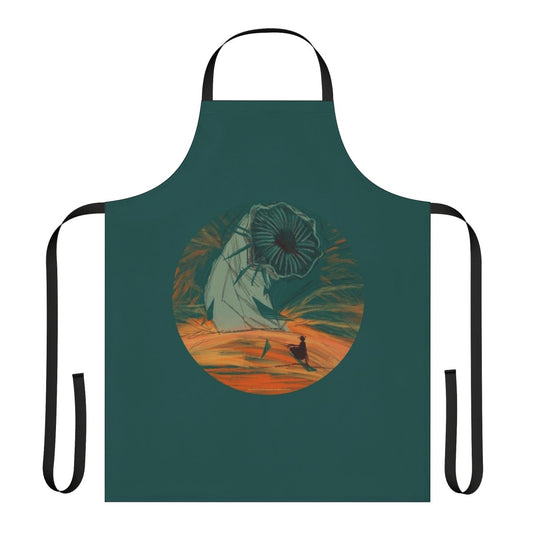 Dune-inspired apron featuring a sandworm design on a desert-themed background