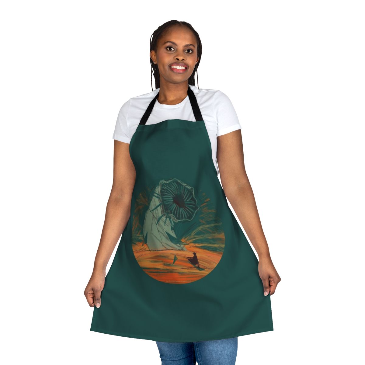 Dune-inspired apron featuring a sandworm design on a desert-themed background