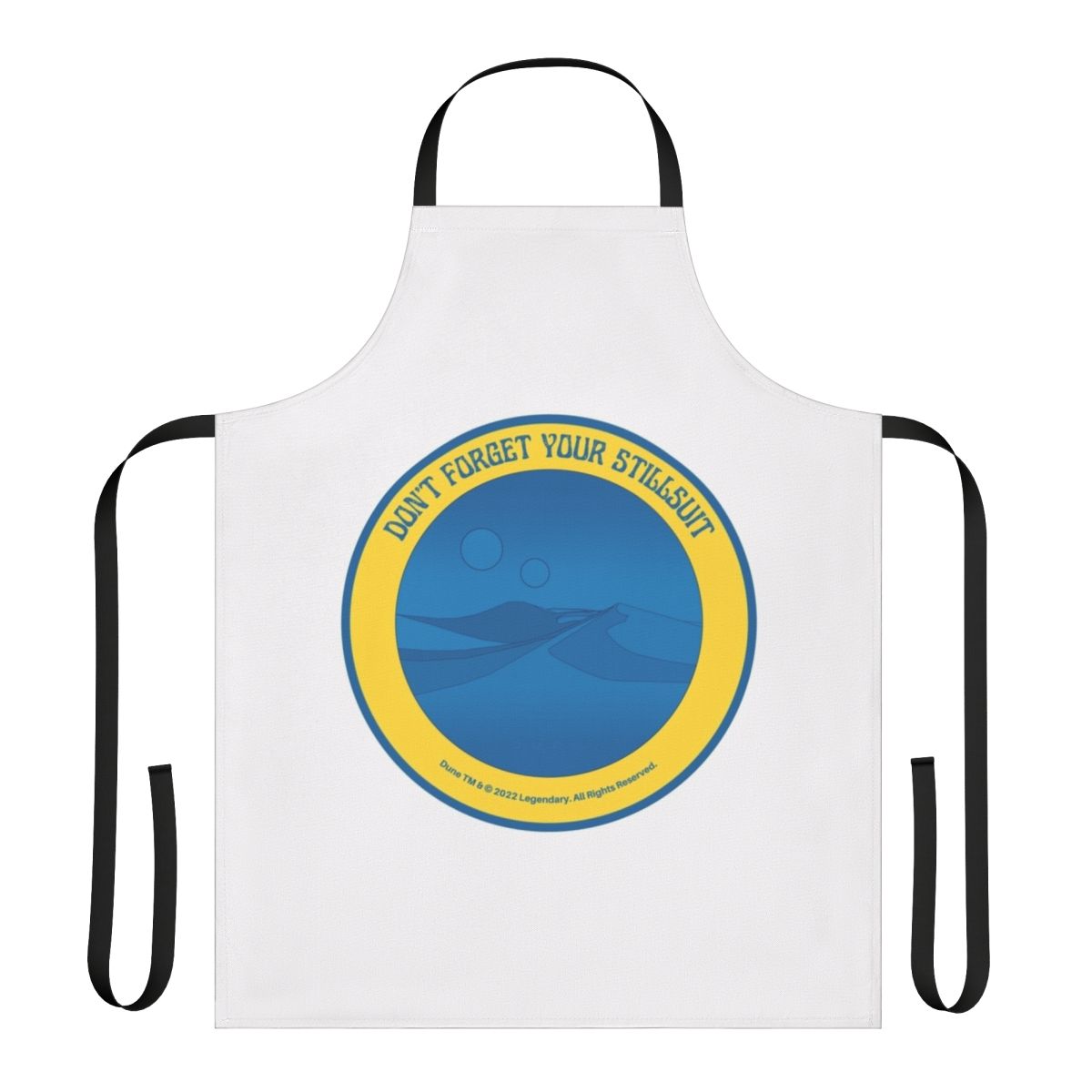 Dune-inspired apron featuring the desert landscape of Arrakis and a stylized stillsuit design