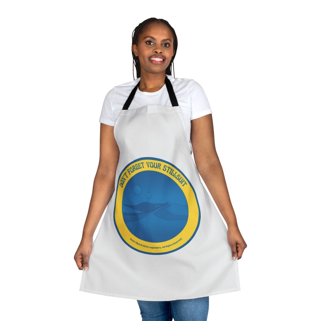 Dune-inspired apron featuring the desert landscape of Arrakis and a stylized stillsuit design