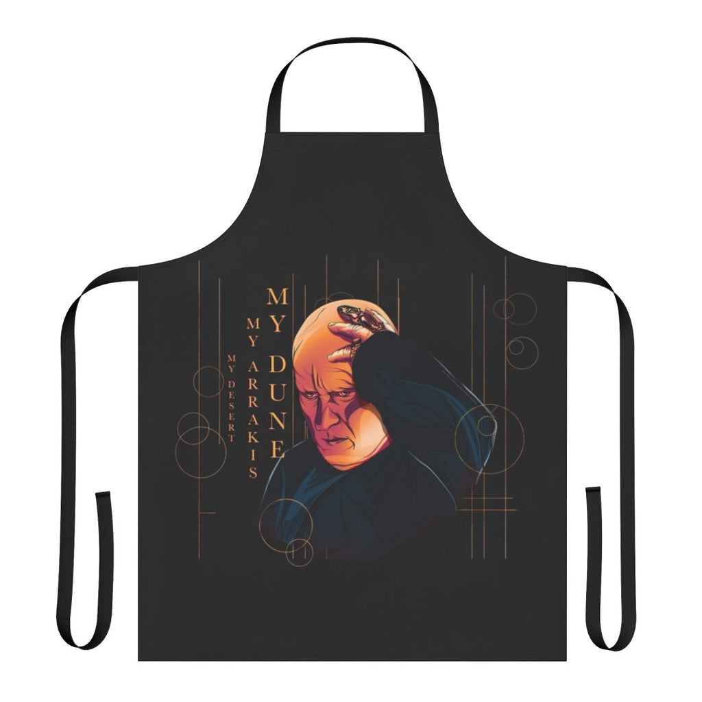Dune-inspired Baron Harkonnen apron featuring Arrakis desert planet and Shai Hulud worm