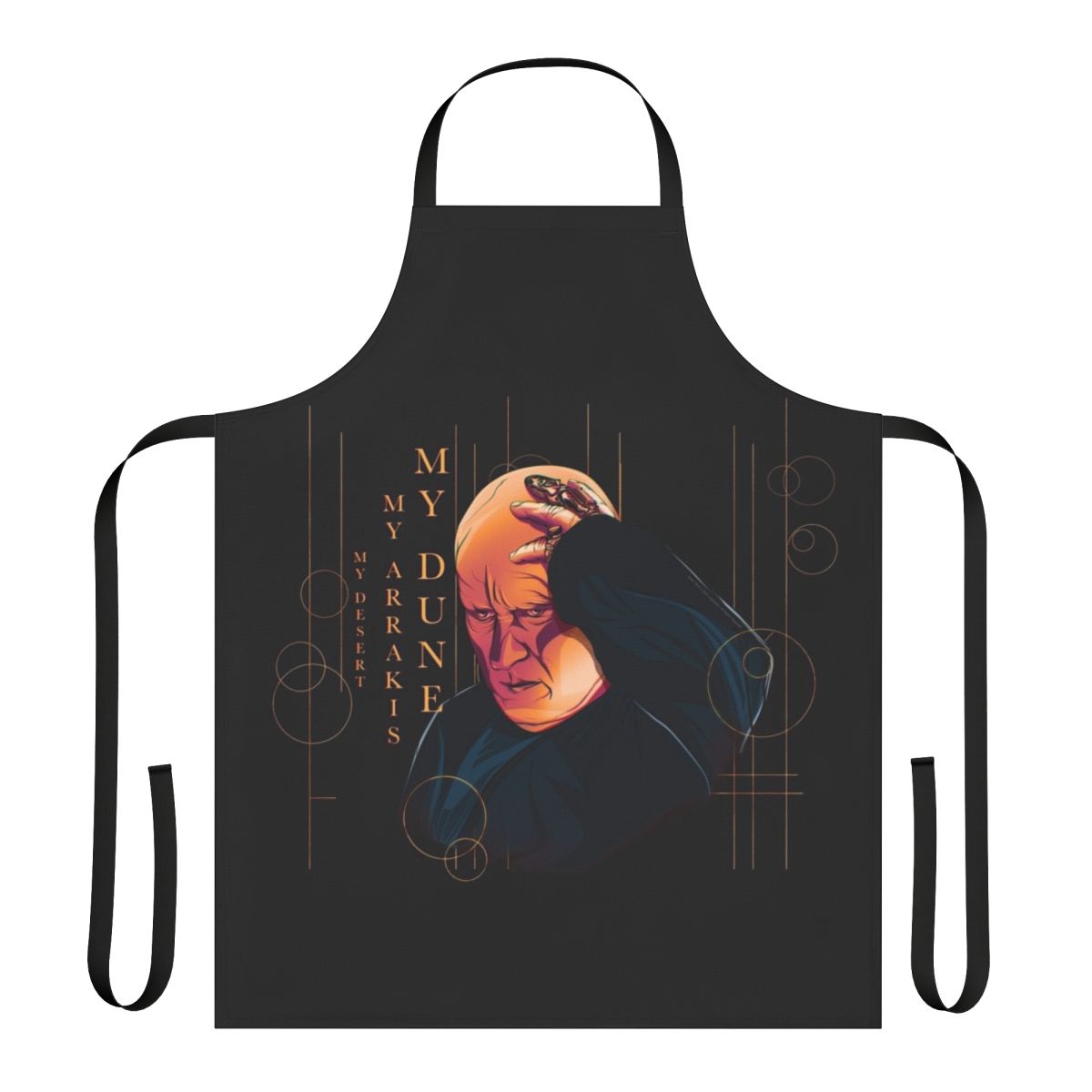 Dune-inspired Baron Harkonnen apron featuring Arrakis desert planet and Shai Hulud worm