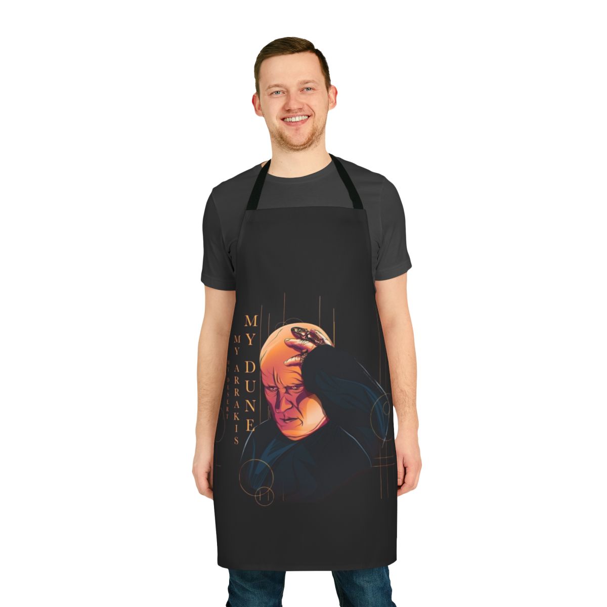 Dune-inspired Baron Harkonnen apron featuring Arrakis desert planet and Shai Hulud worm