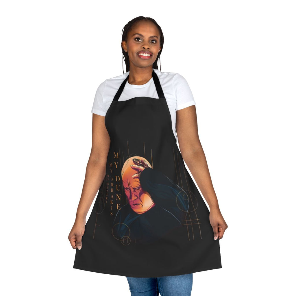 Dune-inspired Baron Harkonnen apron featuring Arrakis desert planet and Shai Hulud worm