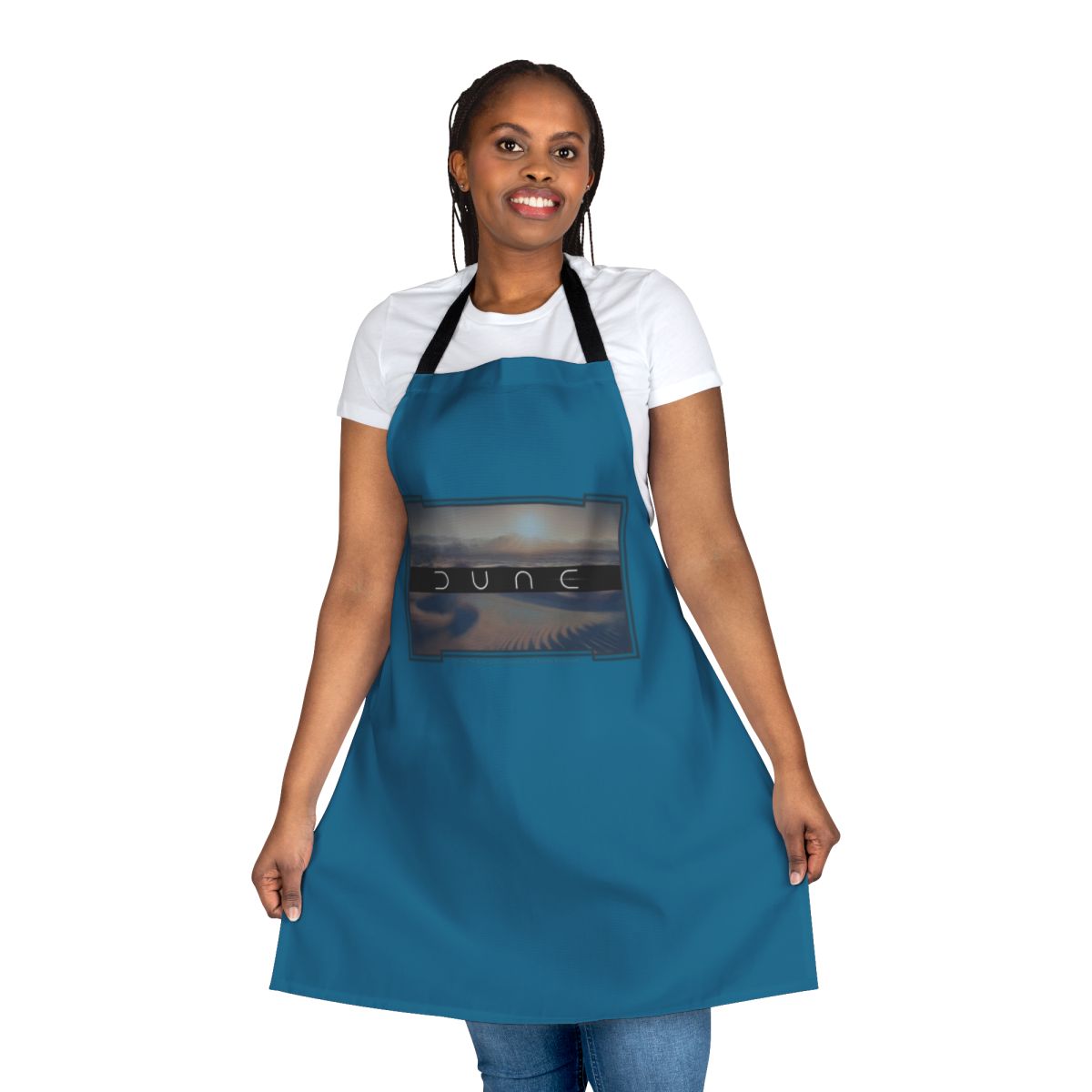 Dune-themed blue apron with desert and twin moons design